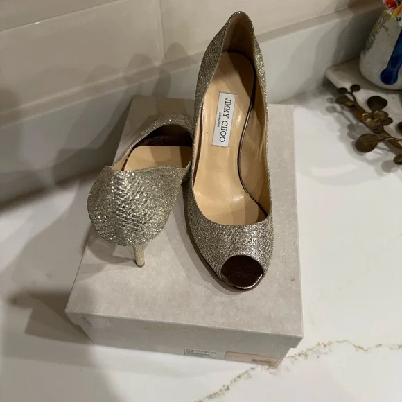 Jimmy Choo Glittering Champagne Peep-Toe Heels - Picture 4 of 10